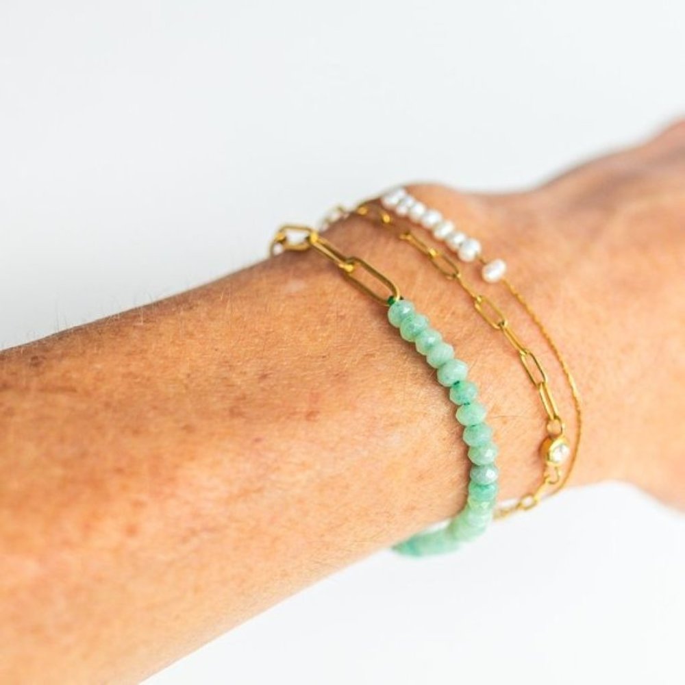 Sea Green gemstone Beaded Bracelet Gemstone Bracelet Gold Paperclip Chain